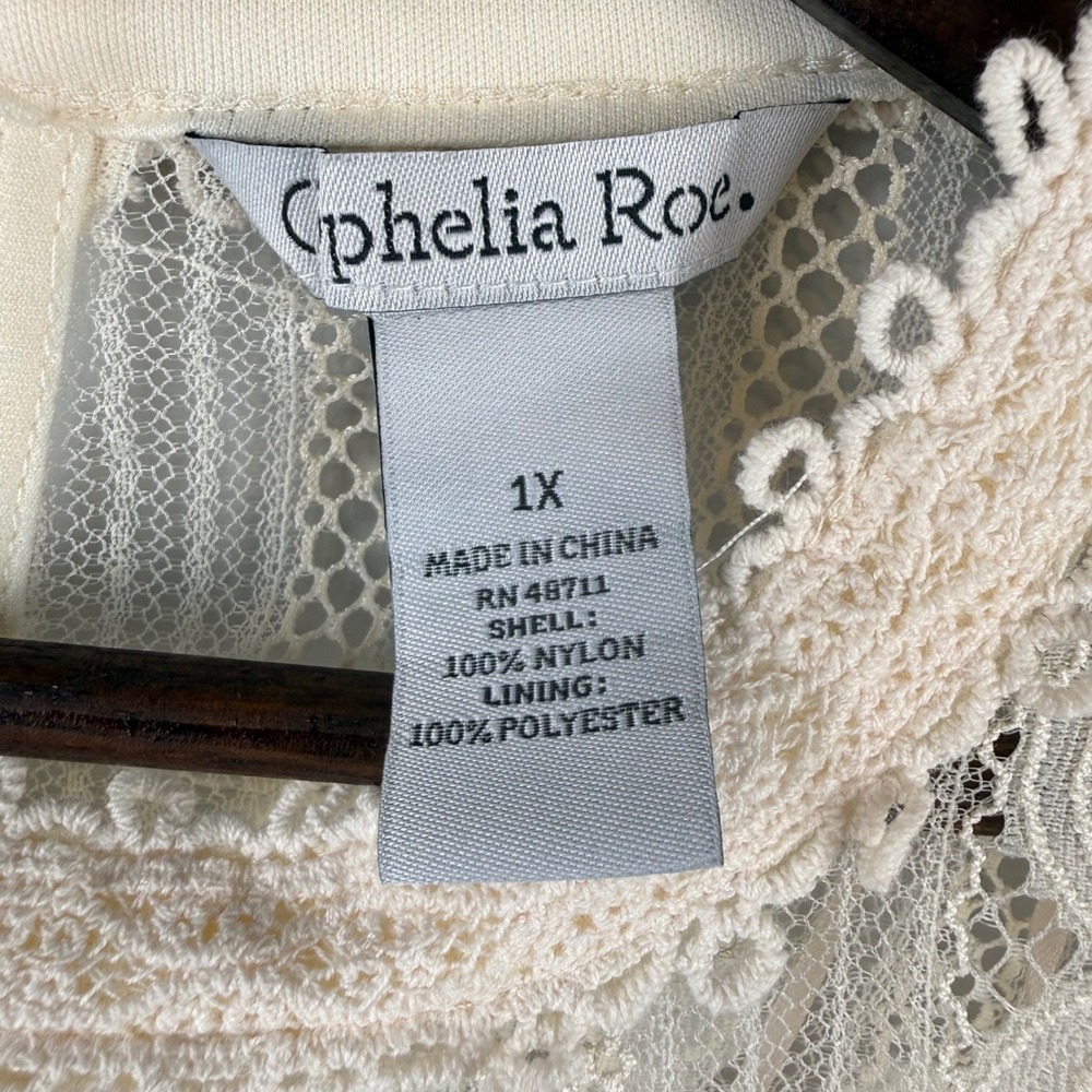 Womens Lace Lined Blouse 1X Cream 3/4 Sleeve Scallop Hem Keyhole Romantic Boho - Picture 4 of 10